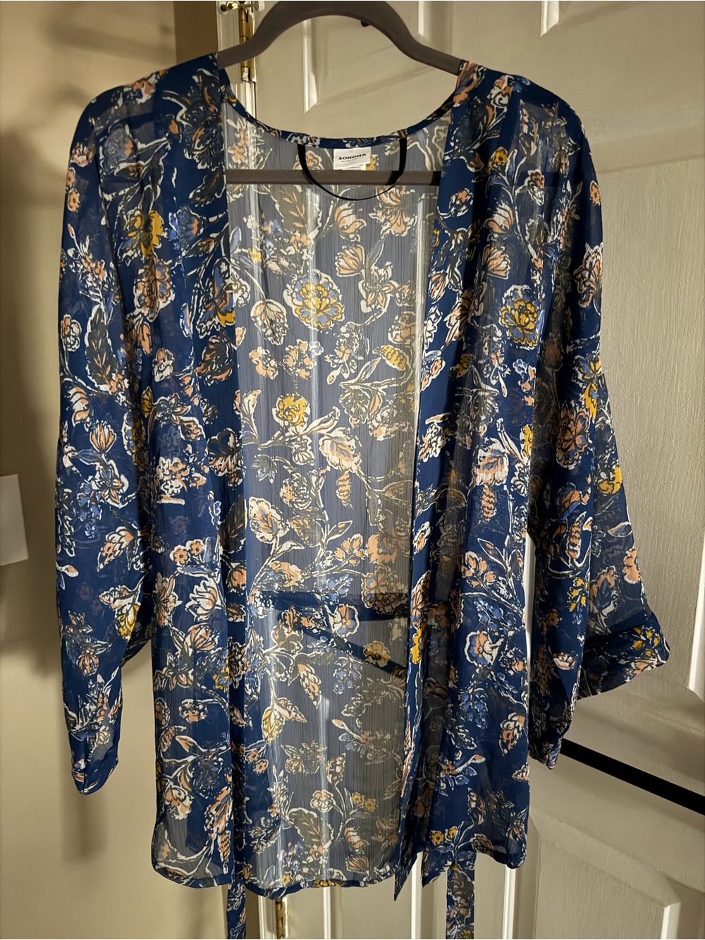 Floral Sheer Kimono Robe - Navy